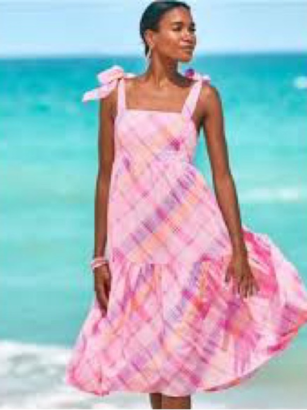 Lilly Pulitzer Anlee Cotton Midi Dress Womens 0 Pink Plaid Tie Strap